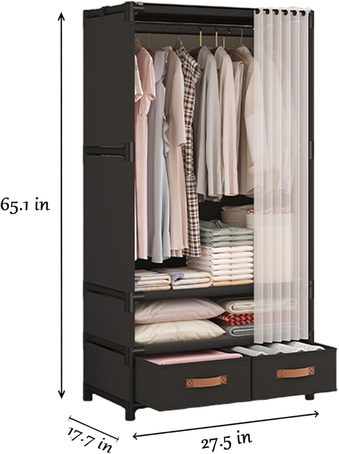Portable Closet,Portable Closets for Hanging Clothes,Japanese Style Wardrobe Clothing Rack with 2 Drawers,1 Hanging Rods and 