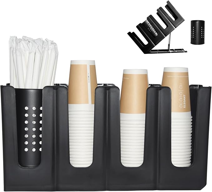 Cup Holder Lid Dispenser with Straw Organizer,4 Compartment 7 Adjusting,Disposable Paper Cup Storage Organizer for Breakroom 