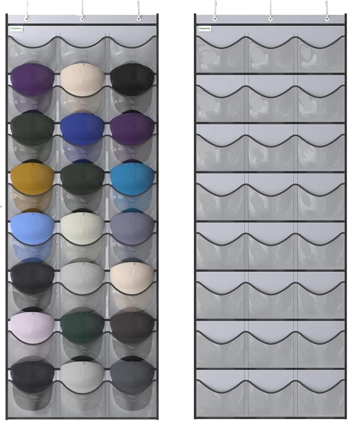 Unjumbly Baseball Hat Rack, 24 Pocket Over-The-Door Hat Organizer with Clear Deep Pockets to Display Baseball Caps Collection