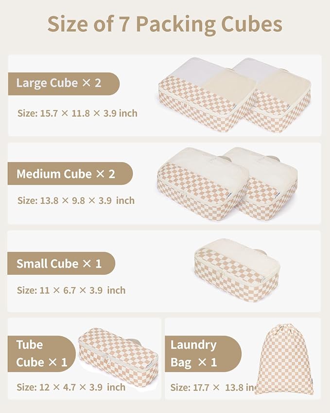 Narwey 7 Set Checkered Packing Cubes for Travel Carry on Suitcase Luggage Organizer Bags for Kids Women Men, Durable Packing 