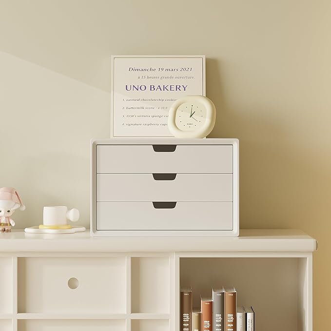 Desk Organizer with 3 Drawers, ALEX Drawer Unit, Chic White Wood Cosmetic Makeup Organizer for Office Vanity Tabletop Storage