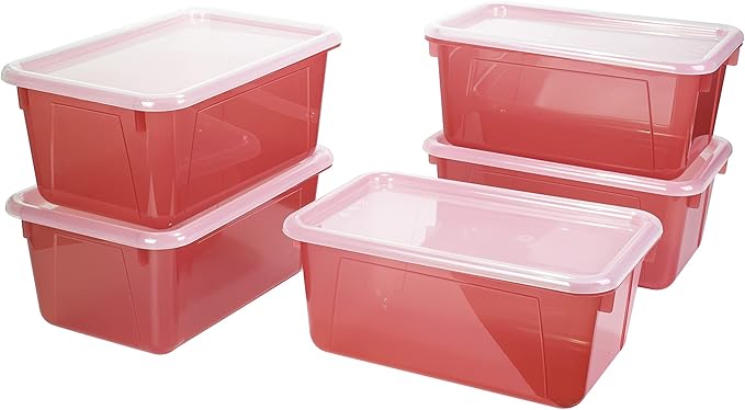Storex Small Cubby Bins – Plastic Storage Containers for Classroom with Non-Snap Lid, 12.2 x 7.8 x 5.1 inches, Tint Red, 5-Pa