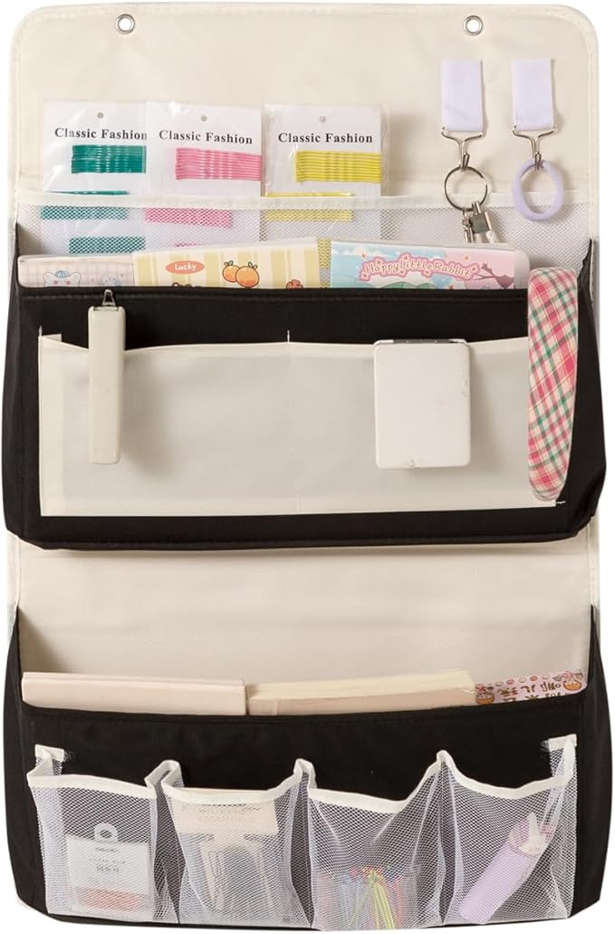 Over Door Storage Organizer, Multi-Pocket Hanging Organizer with Mesh Pockets, Wall Mount Storage Bags, Black and White (blac