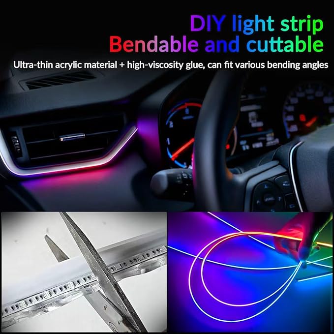 Interior Car Strip Lights Dreamcolor Acrylic Car Decorative Lights with APP Control Multicolor Internal Lighting Kit Music&DIY Function Ambient Fiber Optic Strip Valentine’s Day's Decor