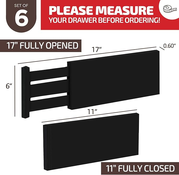6 Pack Drawer Dividers 6 Inch High, 11”-17" Adjustable Bamboo Organizers Large Expandable Drawer Separators for Cloths, Dress