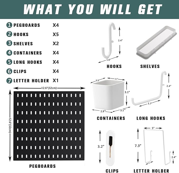 Wall-Mounted Pegboard Kit, 25.2" x 25.2" Organizer Panel – Large, Cost-Effective & Nail-Free Installation Black