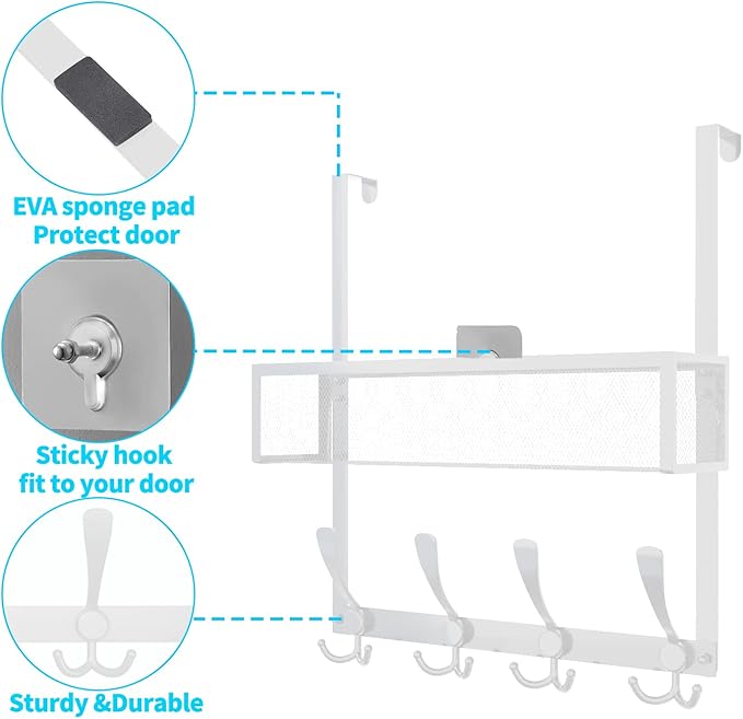 Kaiferty Over The Door Hooks Organizer,Over Door Hanger Towel Rack Mesh Basket with 12 Hooks,Back of Door Storage Organizer f