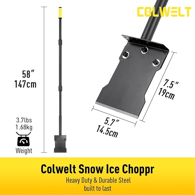 Colwelt Metal Snow Shovel 58’’, Heavy Duty Ice Scraper for Driveway, Snow Ice Chopper Shoveling Tool with Thickened Blade, Ice Shovel for Sidewalk Ice Removal, Flat Shovel Floor Cleaning Scraper