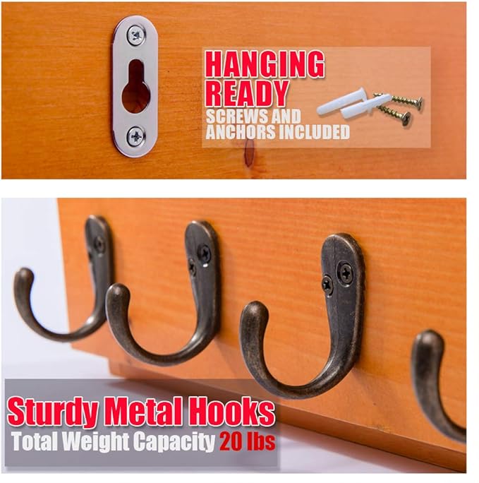 Flintar Wall Mounted Key and Mail Holder with 4 Hooks. Made of Solid Wood. Use as Key Rack, Entryway or Mudroom Organizer, Ma