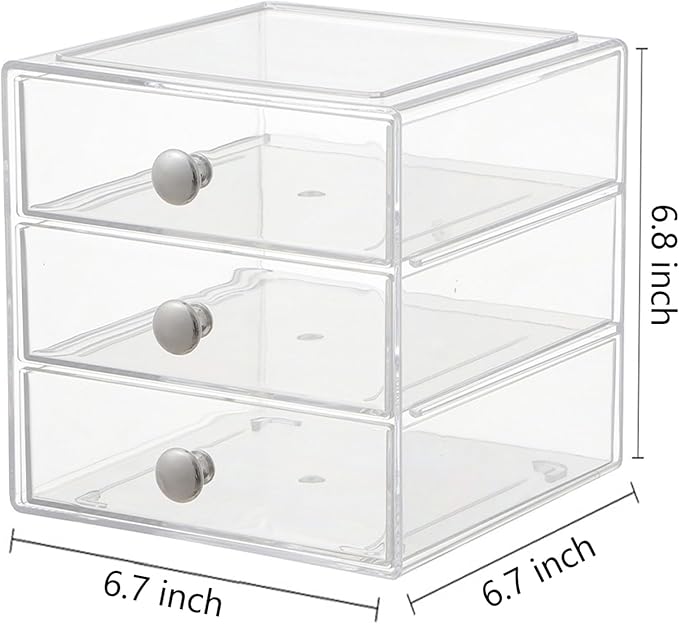AJIODA Makeup Drawer Organizer Box with 3 Drawers, Acrylic Cosmetic Display Case Vanity Organizer Jewelry Storage Box Stackab