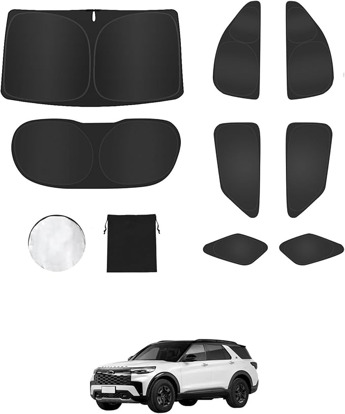 8PCS Window Shades for Ford Explorer(2011-2019) Accessories – Full Coverage Sun Shade for Side Windows, Rear Triangular & Windshield – UV Protection & Privacy for Camping, Napping, Relaxing