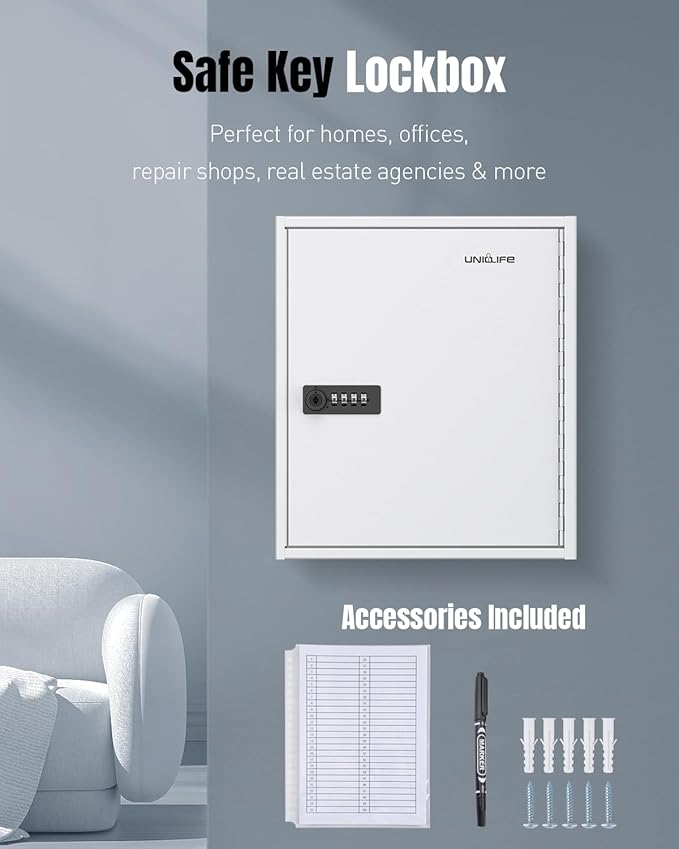 Uniclife 60 Position White Key Cabinet Steel Security Storage Box with Combination & Key Lock, Resettable, Digital, Adjustabl