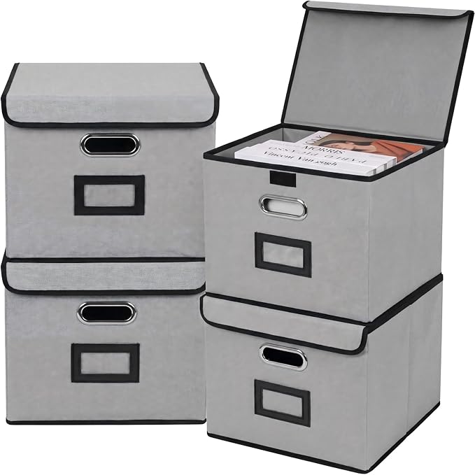 File Storage Box with Lid, 15.55x12.87x10.43 Inches, Foldable Organizer with Handles & Label Slot, for File Storage, Home, Of