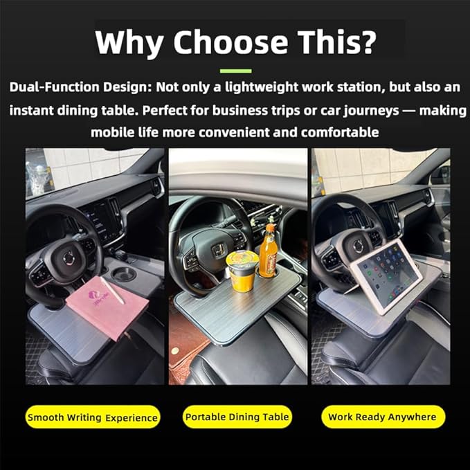 Steering Wheel Tray for Car - 16" Universal Wood Grain Desk Organizer with Cup Holder, Food & Laptop Tray for Vehicles with Up to 15" Steering Wheel (Brown)