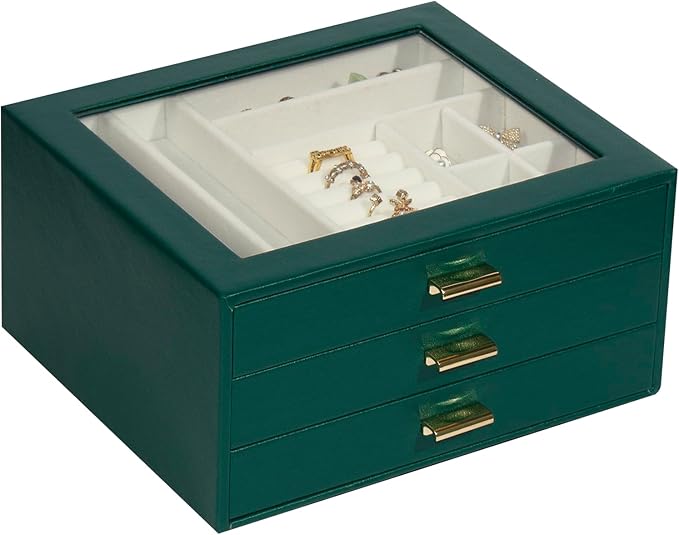 Jewelry Box Organizer with 3 Drawers,Glass Lid Jewelry Boxes for Women,Jewelry Storage for Rings,Necklaces,Earrings,Bracelets