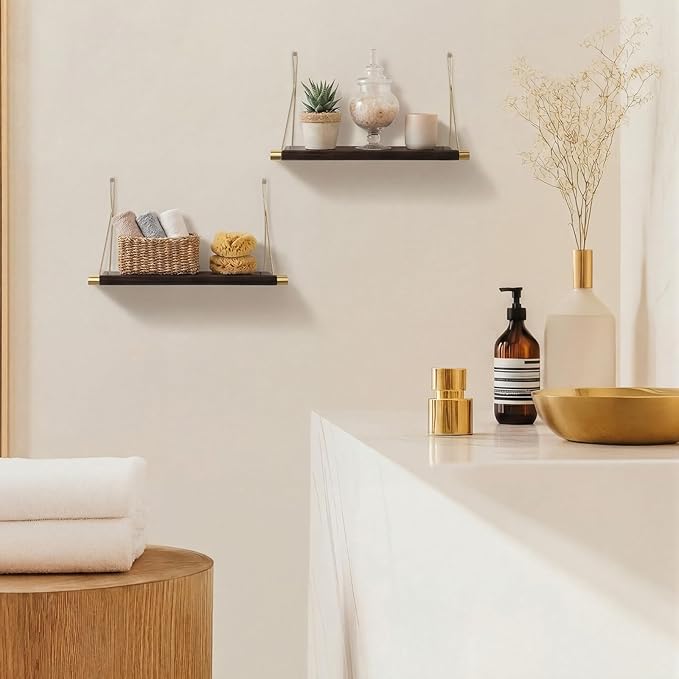 Pinkunn 4pcs Mid Century Modern Decor Walnut Floating Shelves for Wall Mounted Storage Shelves Solid Wood Rustic Decorative S