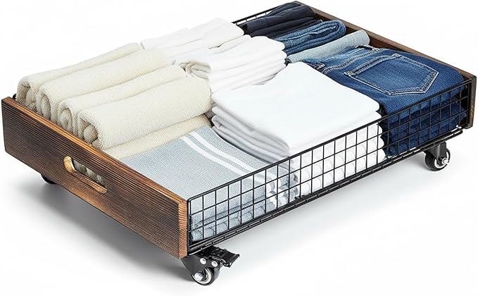MyGift 24" Under Bed Storage Drawer Cart – Rolling Underbed Organizer Bin with Metal Wire Basket, Rustic Burnt Wood Sides, Ma