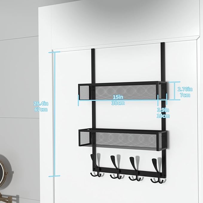 Kaiferty Over The Door Hooks Organizer,Coat Rack with 12 Hooks and 2 Mesh Baskets,Back of Door Storage Organizer for Bathroom