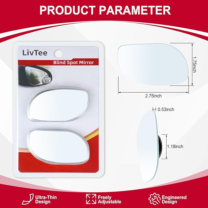 LivTee Blind Spot Mirrors, HD Glass Frameless Convex Rear View Mirrors, Wide Angle Adjustable Stick for Side Mirror, Automotive Exterior Accessories for Car, SUV & Trucks, Pack of 2