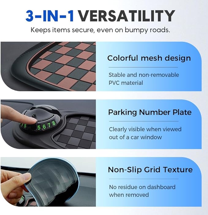 Multifunction Car Anti-Slip Mat, Non-Slip Dashboard Storage Pad with 360° Rotatable Phone Holder & Temporary Parking Number, 