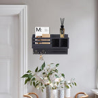 Key and Mail Holder Wall Mount, Wooden Entryway Organizer with 2 Hooks & Shelf, Compact Key Rack for Wall with Mail Organizer
