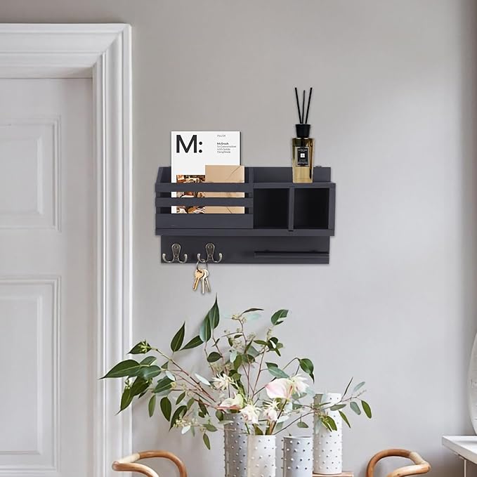 Key and Mail Holder Wall Mount, Wooden Entryway Organizer with 2 Hooks & Shelf, Compact Key Rack for Wall with Mail Organizer