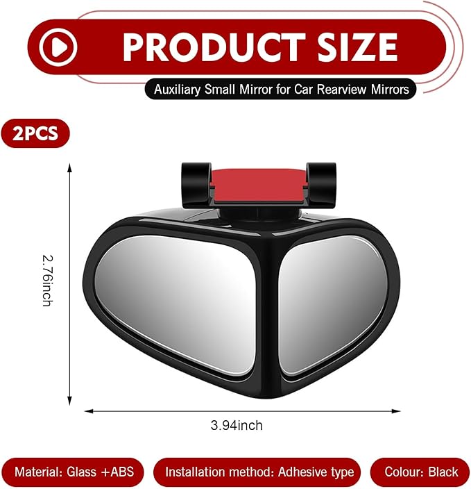 2 PCS Car Blind Spot Mirrors, Dual-sided Wide Angle Rearview Auxiliary with 360 Degree Adjustment, ABS Anti-collision Housing and HD Glass Design, Snap-on and Adhesive Mounting Mirror (Black)