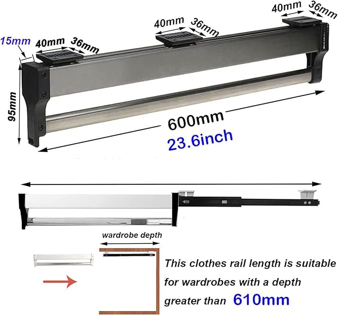 Pull Out Clothes Rail Extendable Pull Out Closet Rod - Wardrobe Pull-Out Trousers Rack, Adjustable 30-80Cm Wardrobe Rail Clot