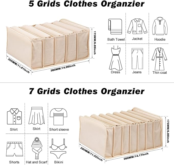 2 Packs Cotton Wardrobe Clothes Organizer, Foldable Closet Organizers and Storage Larger 7 Grids 5 Grids Set Drawer Organizer