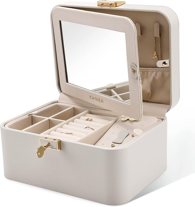 KAMIER Jewelry Box, 2 Layers PU Leather Jewelry Organizer Box, Large Capacity, Double Lock and Large Mirror, Hidden Necklace 