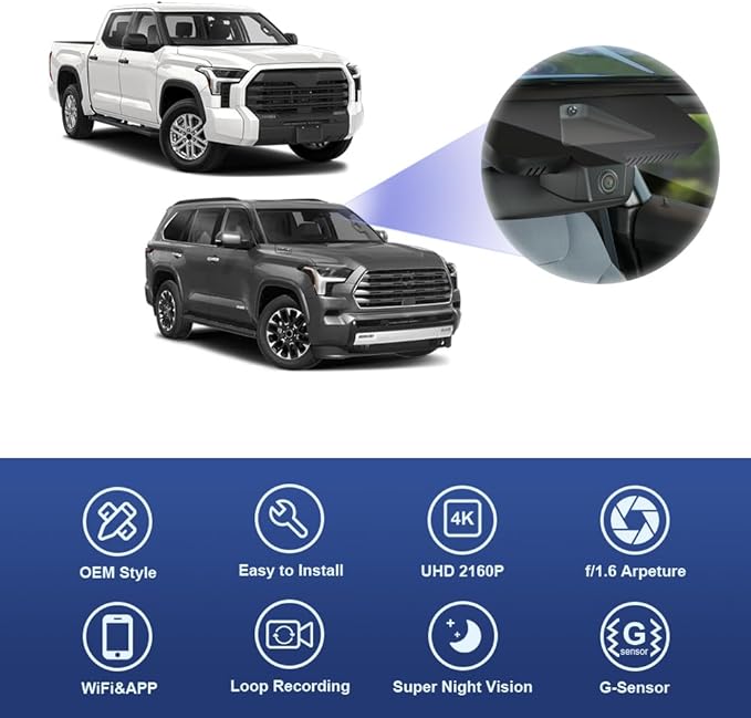 Fitcamx 4K Dash Cam Suitable for Toyota Tundra 2022-2026 Hybrid & Sequoia 2023-2026 (Gen3), OEM Factory Look, 2160P UHD Video