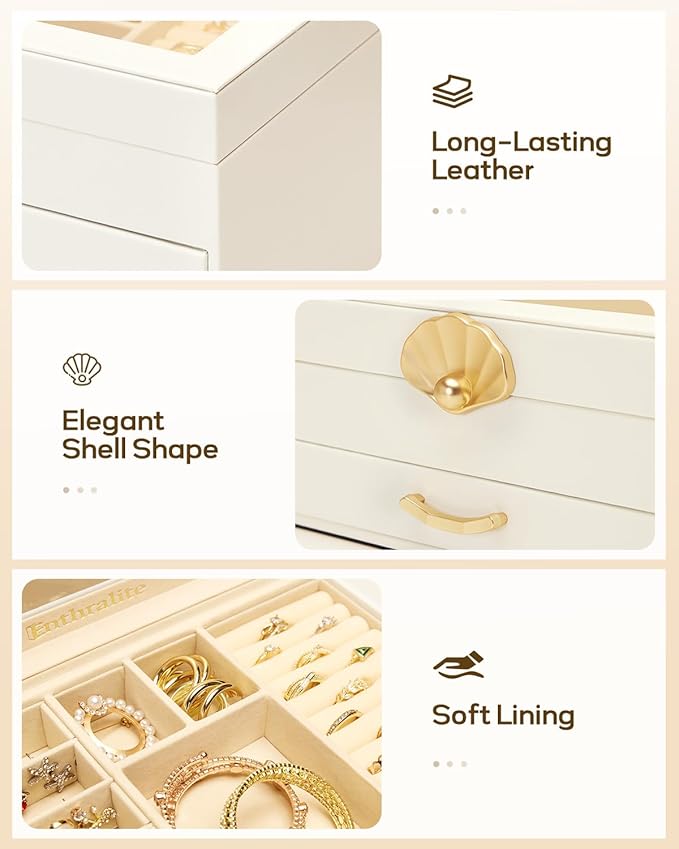 Enthralite Jewelry Box with 1 Drawers: Display Organizer for Earrings Necklaces - Christmas Gifts for Girls Women (White)