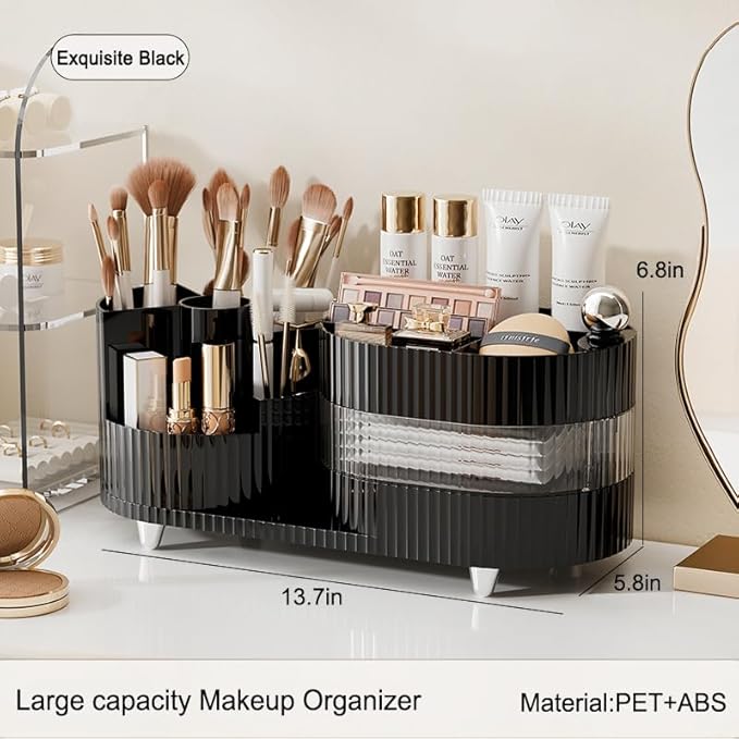 Rotating Vanity Organizer with Brush Holder and Drawer, 3 Layer Cosmetic Skincare Storage, Large Countertop Makeup Perfume & 