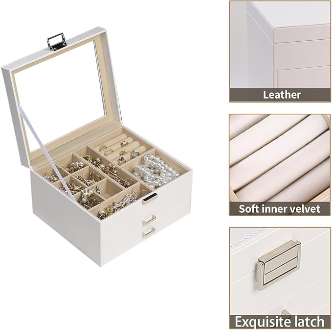 BOOVO Clear Lid Jewelry Box,3 Layers Jewelry Organizer Large Multi-Functional Jewelry Storage Box with 2 Drawers,Jewelry Disp