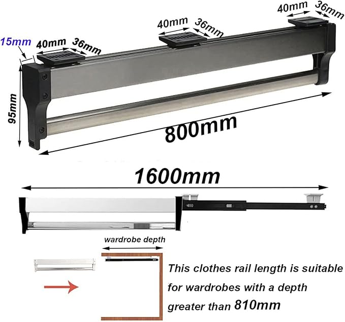 Pull Out Clothes Rail Extendable Clothes Rail for Closet - Pull Out Closet Rod with 2 Sliding Rail Adjustable 30-80Cm, Wardro