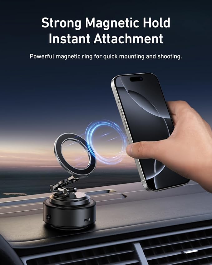 TELESIN Electric Magsafe Car Mount Vacuum Magnetic Car Phone Holder 105N 360° Reinforced Adjustable Swivel Lock, Suction Cup Phone Mount for Your Car/Gym/Mirror/iPhone & Android