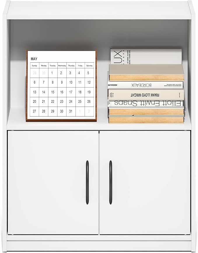 Furinno Gruen Book Shelf, 2-Tier Small Bookshelf, Bookcase with Open Shelf and Doors Storage Cabinet, 9.3 x 21.8 x 27, for Or