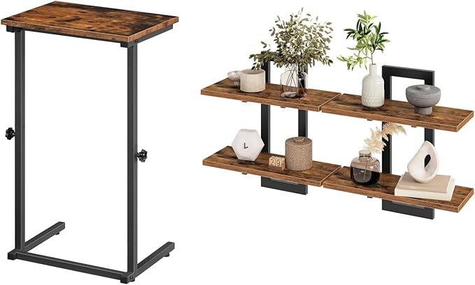 HOOBRO Floating Shelves and C Shaped End Table, 15 Inch Wall Shelf Set of 2, Adjustable Height Side Table for Sofa, Couch Tab