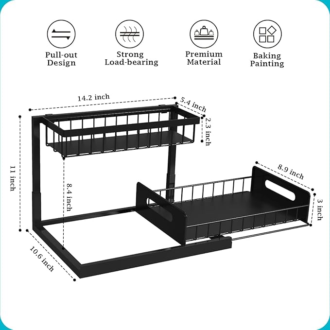 REALINN Under Sink Organizer, Pull Out Cabinet Storage 2 Tier Slide Out Sink Shelf, Kitchen Organizers and Storage, Black, 1 