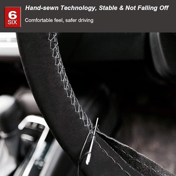 AUTOXBERT 38cm/15 Suede Leather Non-Slip Steering Wheel Cover DIY Hand Sewing Cowhide Leather Skidproof Car Protector with Ne