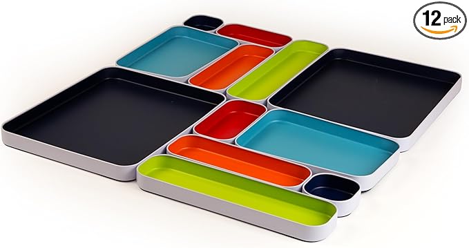 Three by Three Seattle 12 Piece Metal Organizer Tray Set for Storing Makeup, Stationery, Utensils, and More in Office Desk, K