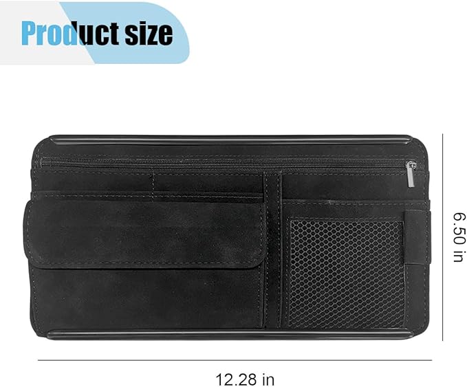 Suede Car Sun Visor Organizer with Multi-Pocket Net Zipper, Glasses Case, Sunglass Holder for Interior Accessories (Black)