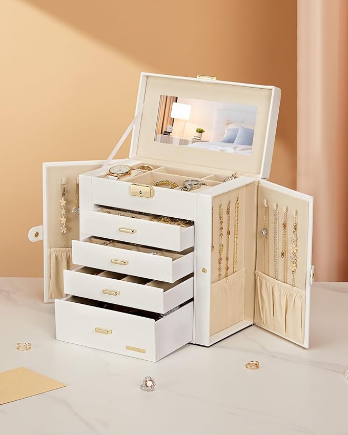 Homde Synthetic Leather Huge Jewelry Box Mirrored Watch Organizer Necklace Ring Earring Storage Lockable Gift Case (White + G