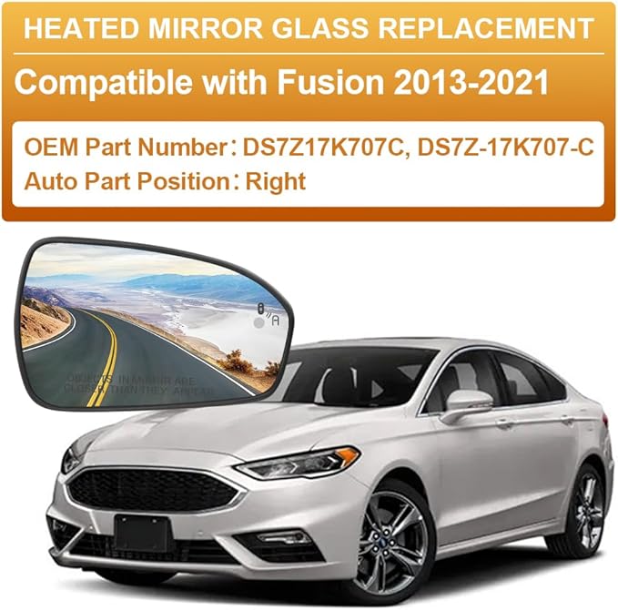 Senzeal Passenger Side Heated Mirror Glass with Blind Spot Detection BLIS for Ford Fusion 2013 2014 2015 2016 2017 2018 2019 2020 2021 DS7Z17K707C DS7Z-17K707-C (No Auto Dimming)(Right Side)