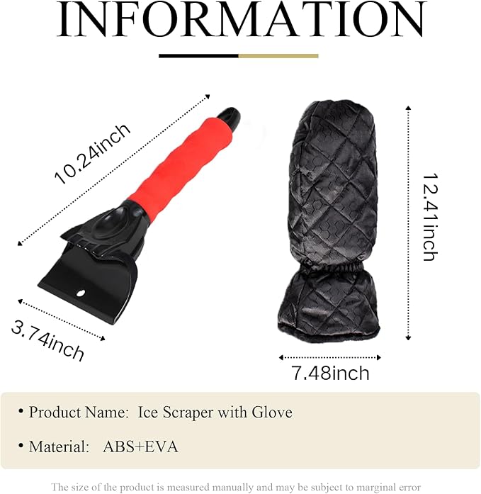 Ice Scraper with Glove - Waterproof Ice Scrapers Snow Removal Tool for Car Windshield, SUV, Truck - Comfortable Mitt Glove for Quick Ice & Snow Removal (Red)