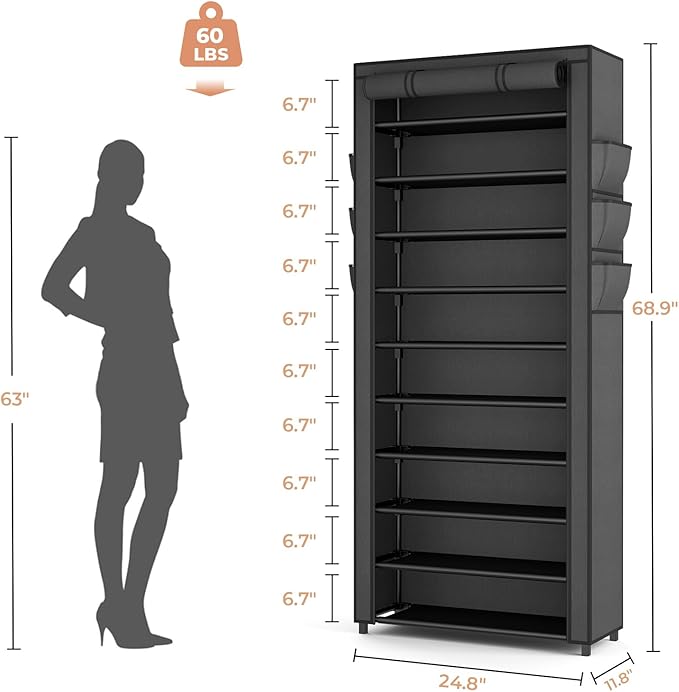 VTRIN Vertical Narrow Shoe Rack Organizer Tall Shoe Rack for Closet Entryway 10 Tier Non-Woven Cover Shoe Shelf Holds 36-41 P