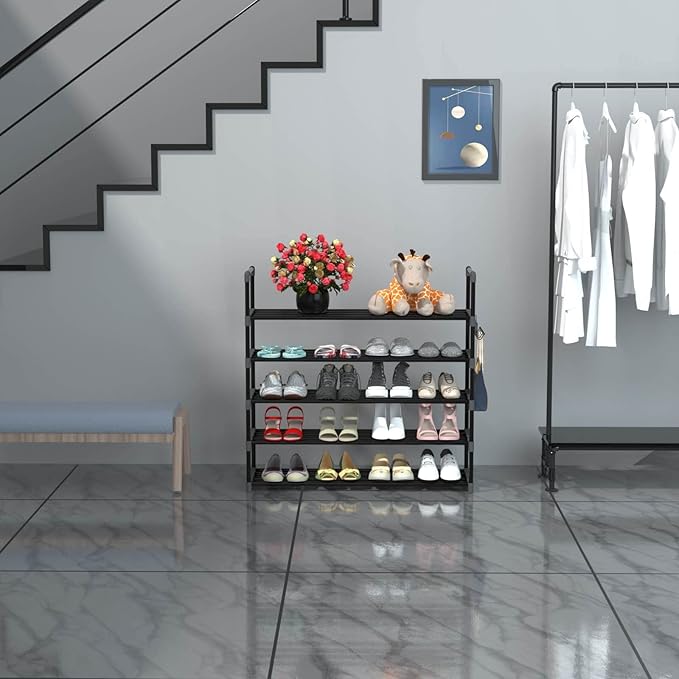Hsscblet 5 Tiers Metal Shoe Rack,Adjustable Shoe Shelf Storage Organizer with Hooks,Stackable Boot & Shoe Storage,for Entrywa