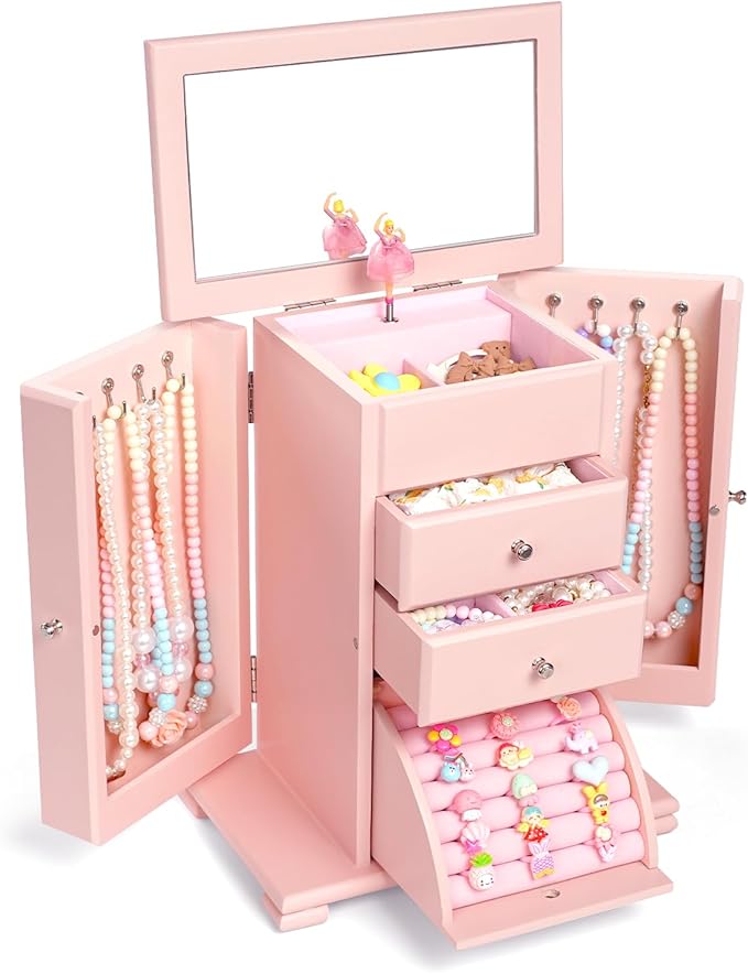 Emfogo Musical Jewelry Box for Girls, Large Kid Music Box with Ballerina for Birthday Bedroom Decor, 5 Layer Girl Jewelry Gif