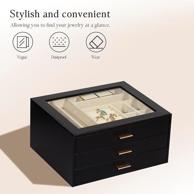 Jewelry Box with Glass Lid, 3-Layer Jewelry Organizer for Women Girls, PU Leather Display Case with 20-Grid Earring Tray & Mo