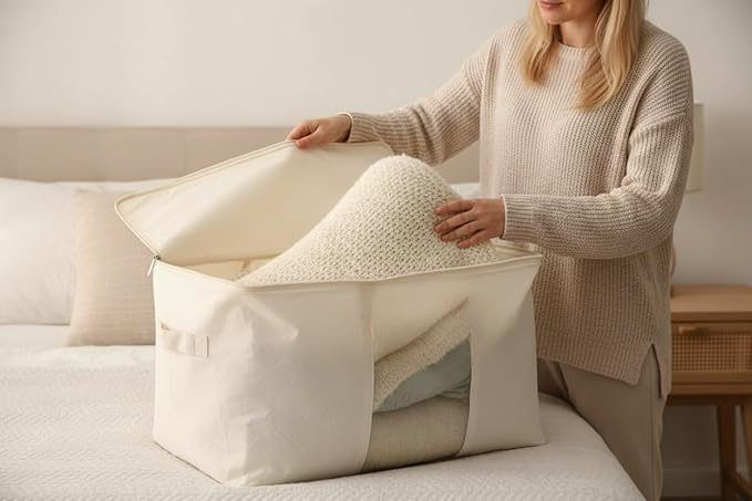 Soft Large Canvas Comforter Storage Bags with Four Carrying Handles and Clear Window, Closet Organizer for Clothing, Blankets